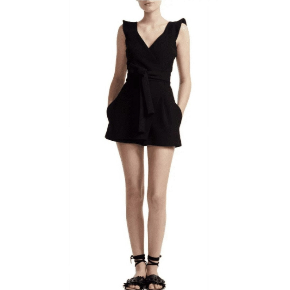 Maje Ibora Short Crepe Wrap Front Tie V-Neck Romper Size Small Black EUC - Picture 2 of 9